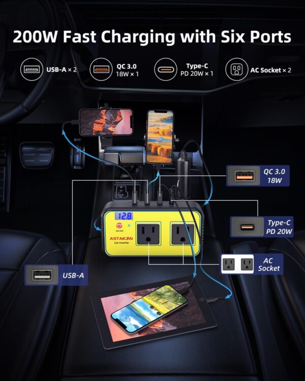 200W Car Power Inverter, DC 12V to 110V AC 6 in 1 Car Charger Adapter with 20W USB-C [PD] & 18W USB-A [QC], Dual USB/AC Outlet, Car Plug Adapter Outlet for Laptop, Road Trip Essential, Yellow