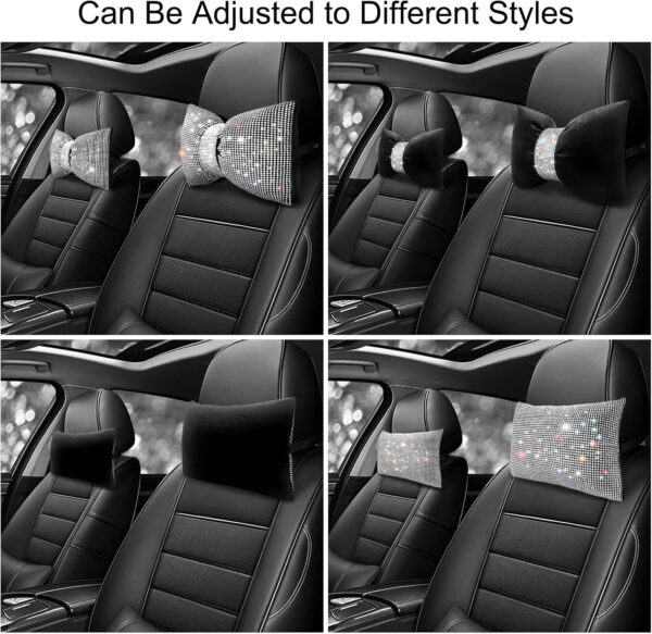 surpassme 2PCS Rhinestone Car Headrest Neck Pillow for Driving with Bling Bling Crystal Bow Pillow Car Accessories for Women (Silver/White)