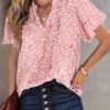 SHEWIN Women's Casual V Neck Floral Print Smocked Short Sleeve Chiffon Blouses Bohemian Top Shirts