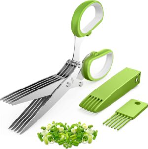 Herb Scissors, Kitchen Herb Shears Cutter with 5 Blades and Cover, Sharp Dishwasher Safe Kitchen Gadget – Green