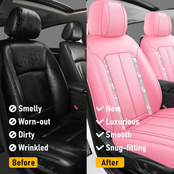 Pink Bling Car Seat Covers Full Set | Cute Girly Faux Leather Seat Covers for Women | Universal Fit for Most Cars