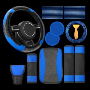 Riakrum 30 Pcs Car Accessories Set Blue and Black PU Leather Steering Wheel Cover Auto Interior Accessories Gift Car Vent Trim Strips Air Conditioner Insert Strips with Installation Tool