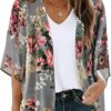 Women's Floral Print Puff Sleeve Kimono Cardigan Loose Cover Up Casual Blouse Tops