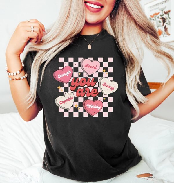 Women's Valentine's Day Shirts Retro Candy Heart Teacher Valentine's Day You are Enough T-Shirt Casual Lover Gift Blouse Tops