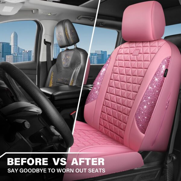 CAR PASS Bling Diamond Pink Leather Car Seat Covers for 2 Front Seats Protector, Waterproof Shining Glitter Sparkly Crystal Universal Armrest Fit Automotive Truck SUV Cute Women Girl, Pink Rhinestone