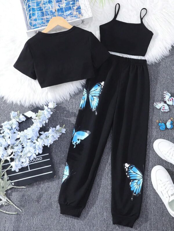 SOLY HUX Girl's Butterfly Print Cami Tops & High Low Hem Short Sleeve T Shirt with Sweatpants 3 Piece