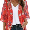 Women's Floral Print Puff Sleeve Kimono Cardigan Loose Cover Up Casual Blouse Tops