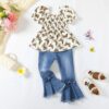 Kucnuzki Toddler Kids Girls Clothes Short Sleeve Shirt Top Flare Denim Jeans 2 Piece Outfits For Girls Cute Clothing Set