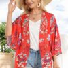 Women's Floral Print Puff Sleeve Kimono Cardigan Loose Cover Up Casual Blouse Tops