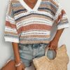 Acelitt Womens Short Sleeve Crochet Knit Sweater Hollow Out Striped Tops Beach Vacation Cruise Outfits