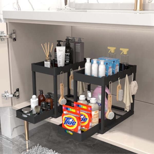 2PC Under Sink Organizer Rack 2 Tier Under Sliding Cabinet Basket Organizer Drawer with 4 Hooks, Multi-purpose Under Sink Storage for Bathroom Kitchen Desktop（Black）