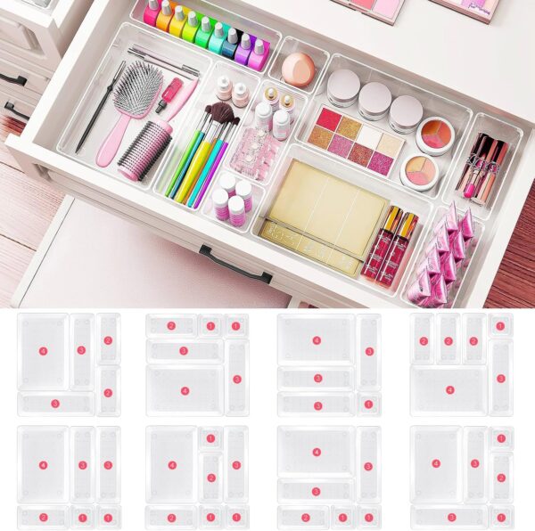 70 Piece Clear Plastic Drawer Organizer Set, 4 Sizes of Bathroom Drawer Organizers and Storage Bins, Dresser Desk Drawer Organizer Tray for Jewelry, Makeup, Gadgets, Junk, Kitchen Utensils