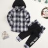 Toddler Baby Boys Clothes Plaid Panel Long-sleeve Hooded Shirt + Sweatpants Fall Winter Outfits Set