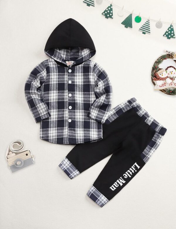 Toddler Baby Boys Clothes Plaid Panel Long-sleeve Hooded Shirt + Sweatpants Fall Winter Outfits Set