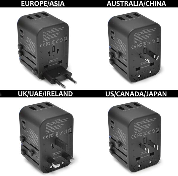 Ceptics World International Travel Plug Adapter - Powerful 33.5W with Pd & QC 3.0 Dual USB-C Power - 3 USB Ports Wall Charger Type I C G A Outlets 110V 220V A/C - EU Euro US UK (11-KU)