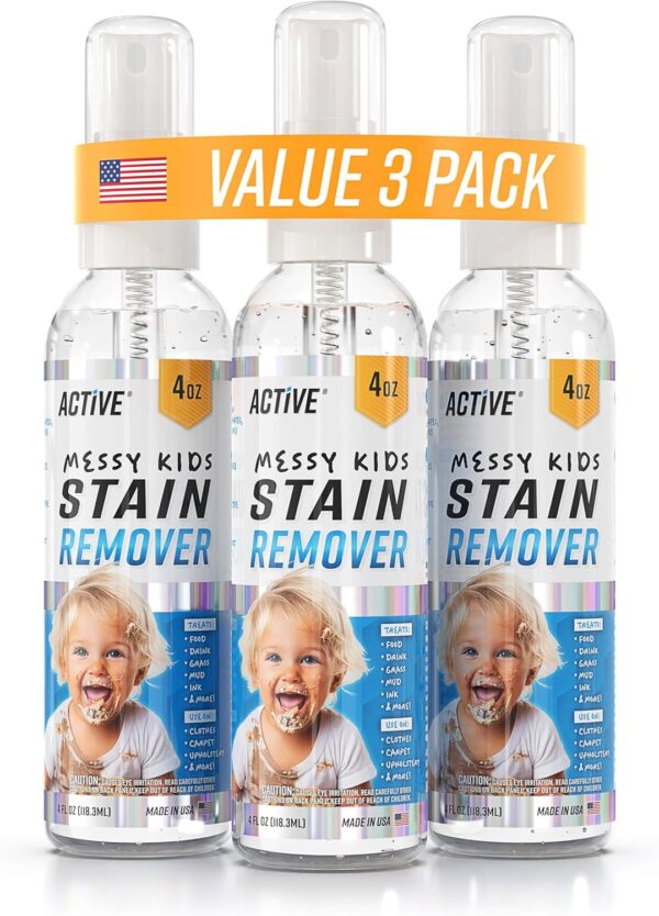 Messy Kids Stain Remover Spray - 3 Pack 4oz Laundry Spot Cleaner, Natural Stain Treater Spray for Baby Clothes, Toddler Clothing, Value-Size Solution for Food, Oil Stains, Great for Travel - 12 oz