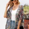 Women's Floral Print Puff Sleeve Kimono Cardigan Loose Cover Up Casual Blouse Tops