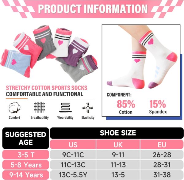 ANTSANG Kids Girls Socks Youth Teen Athletic Sport Basketball Crew Cotton Breathable Soft Socks 6 Pairs