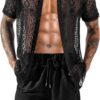 LecGee Men Summer Casual Short Sets Lace Short Sleeve Button Down Shirt Elastic Waist Shorts 2 Piece Outfits Tracksuit