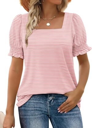 WIHOLL Tops for Women Summer Casual Ruffle Trim Sleeve Square Neck T Shirts