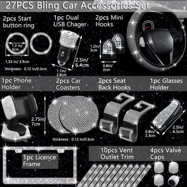 NBTEPEM 27 PCs Bling Car Accessories Set for Women, Steering Wheel Covers Universal Fit 15 Inch, License Plate Frame, Phone Holder, Bling Car Coasters (Silver Diamond)