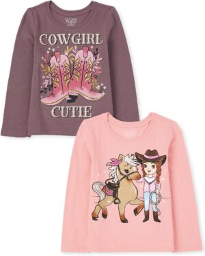 The Children's Place Baby Girls' Cow Girl Graphic Long Sleeve Tee 2 Pack