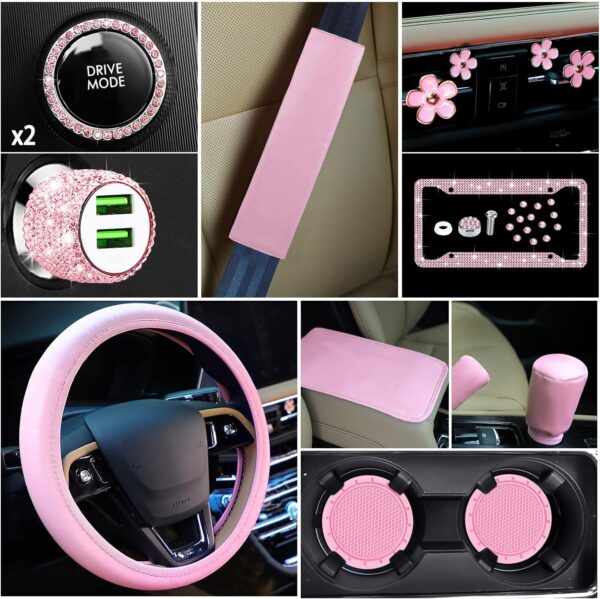 15 Pcs Pink Bling Car Accessories Set Valentine's Day Gift Leather Steering Wheel Cover Seatbelt Cover Car Ring Sticker Center Console Pad USB Port Flower Air Vent Clip