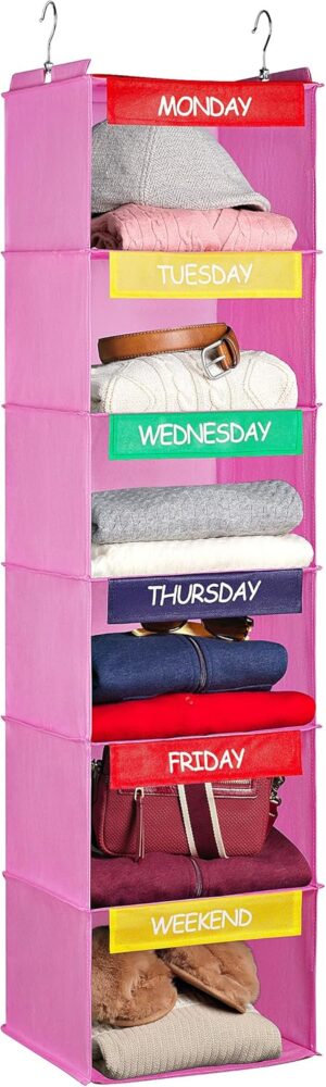 Weekly Clothes Organizer for Kids - 6-Shelf - Hanging Closet Daily Clothing Organization Labeled Shelves with Days of the Week Monday Through Friday, Weekday and Weekend (Pink)