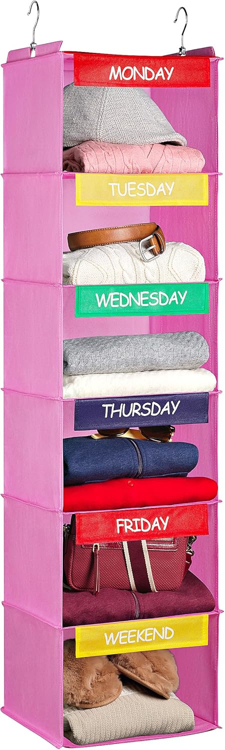 Weekly Clothes Organizer for Kids - 6-Shelf - Hanging Closet Daily Clothing Organization Labeled Shelves with Days of the Week Monday Through Friday, Weekday and Weekend (Pink)