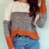 Dokotoo Womens Color Block Sweaters Long Sleeve Crewneck Pullover Knit Jumper Tops