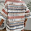 Acelitt Womens Short Sleeve Crochet Knit Sweater Hollow Out Striped Tops Beach Vacation Cruise Outfits