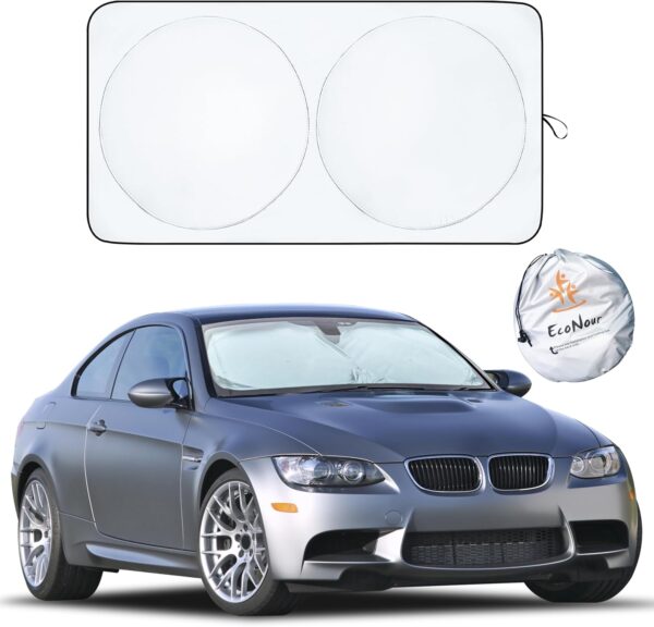 EcoNour Car Windshield Sun Shade | Reflective Sunshade for Ultimate Protection | Overlapping Design | 240T Polyester | Fits Small Sedans, Mini SUVs, Hatchbacks | Medium (64x32 inches)