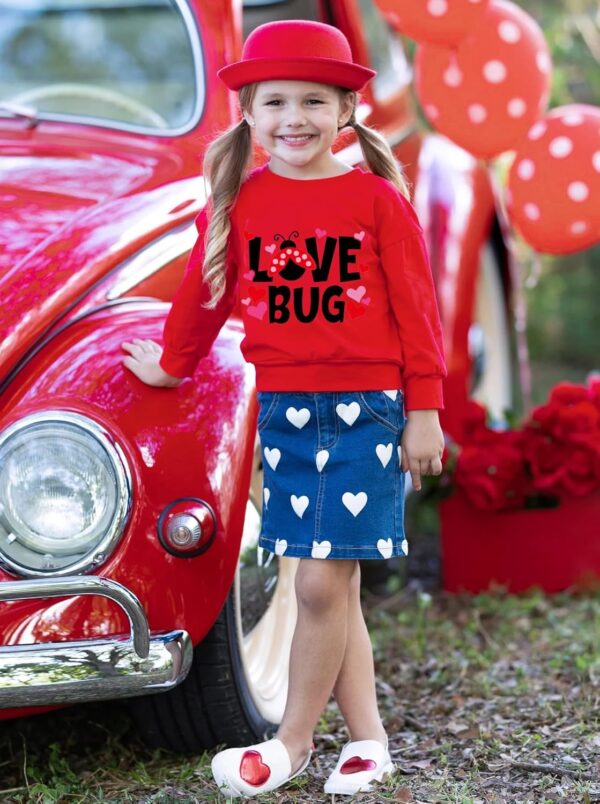 Tkria Toddler Girls Sweatshirt Lovebug Valentine's Day Shirt Kids Heart Print Clothes Long Sleeve Pullover VdayTops 2-7T