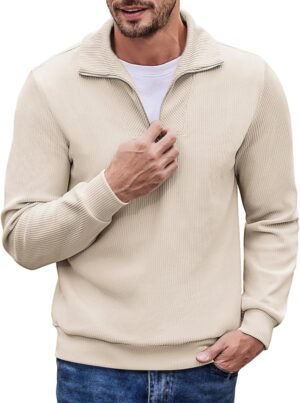 COOFANDY Men's Quarter Zip Up Pullover Slim Fit Mock Neck Long Sleeve Sweaters Casual Corduroy Polo Sweatshirt