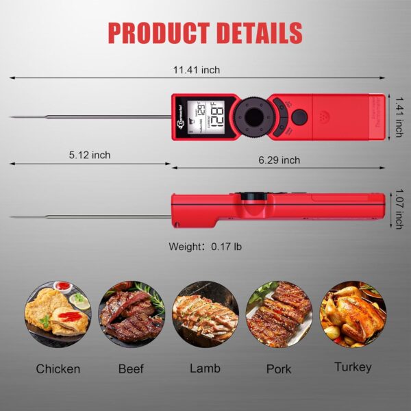 Meat Thermometer Digital Instant Read for Grilling and Cooking, High Accuracy ±1%, LCD Backlight Screen with Three Color, Customized Food Mode Thermometers, BBQ Beef Kitchen Gadgets Red