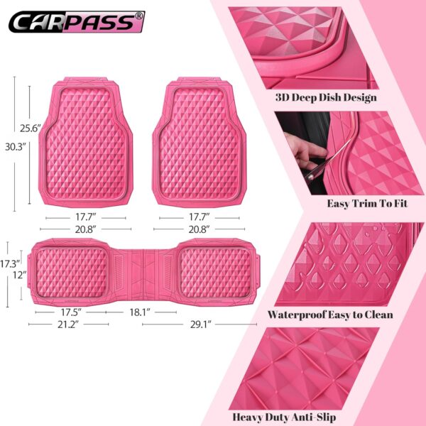 CAR PASS Heavy Duty Rubber Pink Car Floor Mats, Deep Dish All-Weather Full Set Durable Anti-Slip 3D Rhombus Waterproof Trim to Fit Liner Universal Fit Automotive,Sedan,SUV,Truck, 3 Pcs Hot Pink