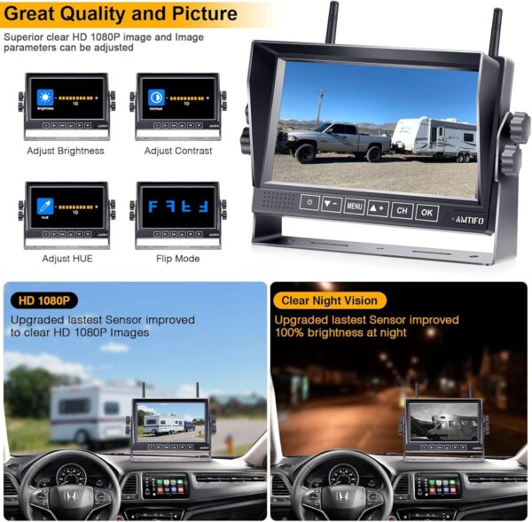 Wireless Backup Camera for Furrion RV: 7-Inch Recording Plug-Play Easy Setup Truck Trailer Back Rear View Camera Touch Button Monitor Split Screen 4 Channels AMTIFO A7