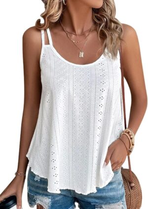 ATHMILE Women's Tank Tops Eyelet Embroidery Sleeveless Spaghetti Strap Tops Scoop Neck Sexy Loose Fit Casual Summer