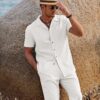 COOFANDY Men 2 Piece Linen Outfit Beach Button Down Shirt Casual Loose Pant Sets