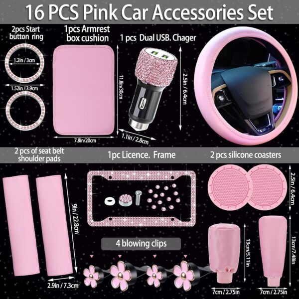 15 Pcs Pink Bling Car Accessories Set Valentine's Day Gift Leather Steering Wheel Cover Seatbelt Cover Car Ring Sticker Center Console Pad USB Port Flower Air Vent Clip