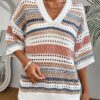 Acelitt Womens Short Sleeve Crochet Knit Sweater Hollow Out Striped Tops Beach Vacation Cruise Outfits