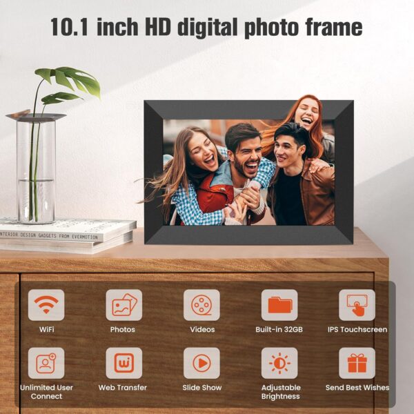 BIGASUO 10.1 Inch WiFi Digital Picture Frame, IPS HD Touch Screen Cloud Smart Photo Frames with Built-in 32GB Memory, Wall Mountable, Auto-Rotate, Share Photos Instantly from Anywhere