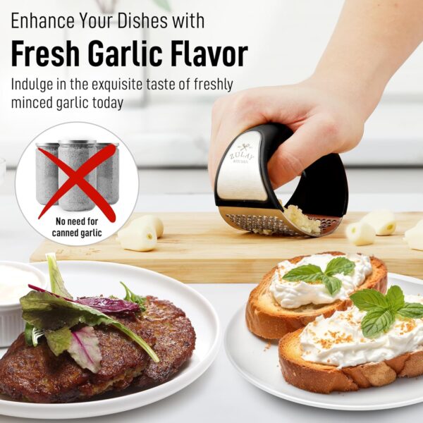 Zulay Stainless Steel Garlic Press Rocker Set - Premium Garlic Mincer Garlic Crusher - New Innovative Garlic Crusher with Peeler and Scraper - Comfortable Grip (Black)