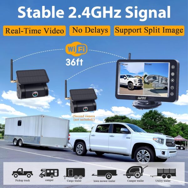 Magnetic Solar Wireless Backup Camera - Voice-Controlled, No-Drill Installation, 5-Inch HD1080P Screen, Long Battery Life, Color Night Vision, Anti-Interference 2.4GHz Signal for Trucks, RVs, Trailers