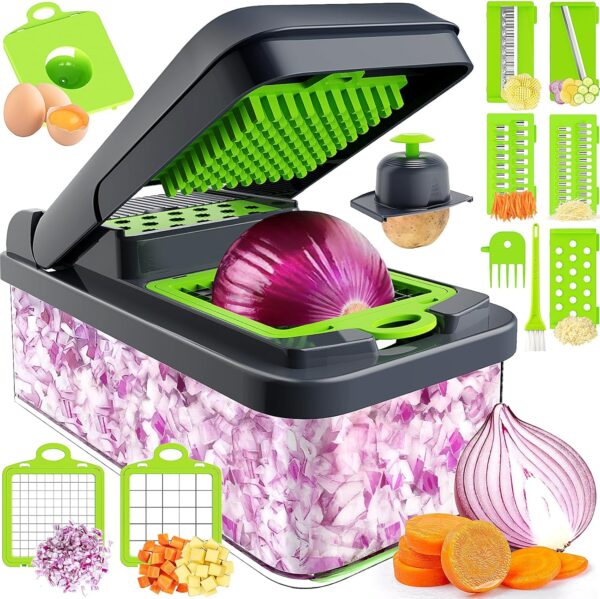 12-in-1 Vegetable Chopper, 7 Blade Veggie Chopper, Practical Food Chopper with Container, Cheese Grater, Home Essentials & Kitchen Gadgets(Green/Grey)