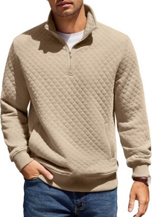 COOFANDY Mens Quarter Zip Pullover Quilted Sweatshirt Knit Long Sleeve Mock Neck Sweater Polo with Pocket