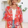 Women's Floral Print Puff Sleeve Kimono Cardigan Loose Cover Up Casual Blouse Tops