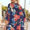 Women's Floral Print Puff Sleeve Kimono Cardigan Loose Cover Up Casual Blouse Tops