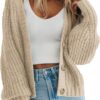 PRETTYGARDEN Women's Chunky Knit Open Front Sweater Long Sleeve Button Loose Short Cardigan Outerwear Coats