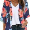 Women's Floral Print Puff Sleeve Kimono Cardigan Loose Cover Up Casual Blouse Tops